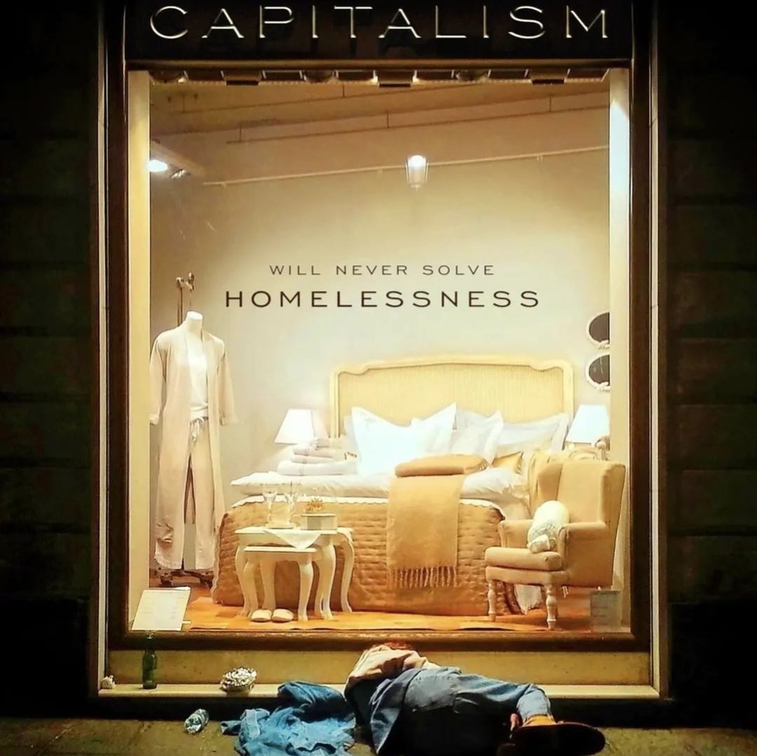 The meme depicts a person lying on the ground outside a storefront with a sign reading "Capitalism" above the entrance. The storefront appears to be a high-end furniture store, with a lavish display of expensive-looking furniture. The text "Will never solve homelessness" is overlaid on the image, implying that the wealth and luxury on display are not addressing the issue of homelessness.